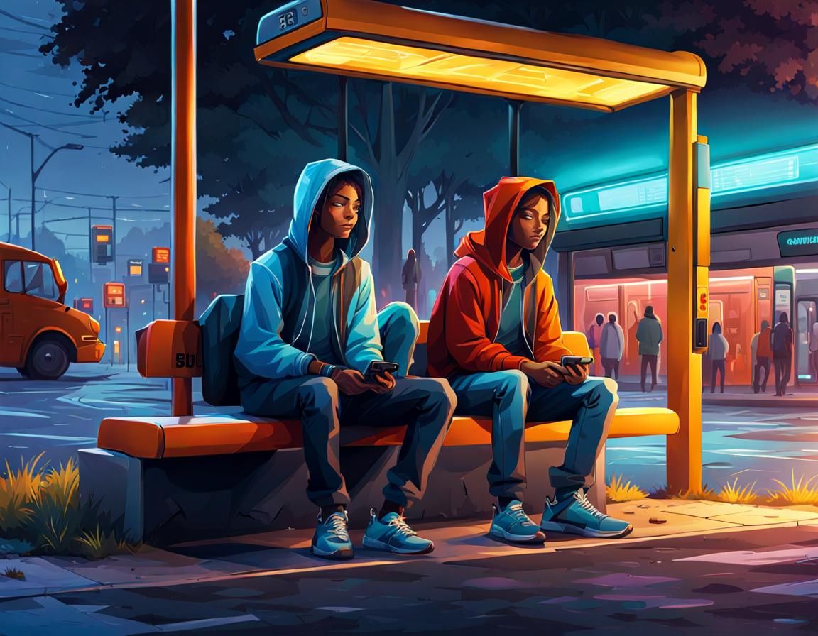 Teenagers at Bus Stop in Gouache Impressionist Style