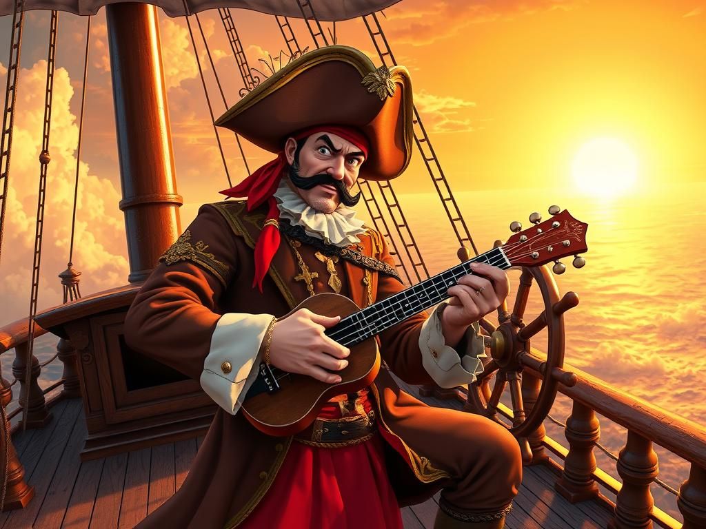 Anime Pirate Captain Plays Ukulele at Sunrise