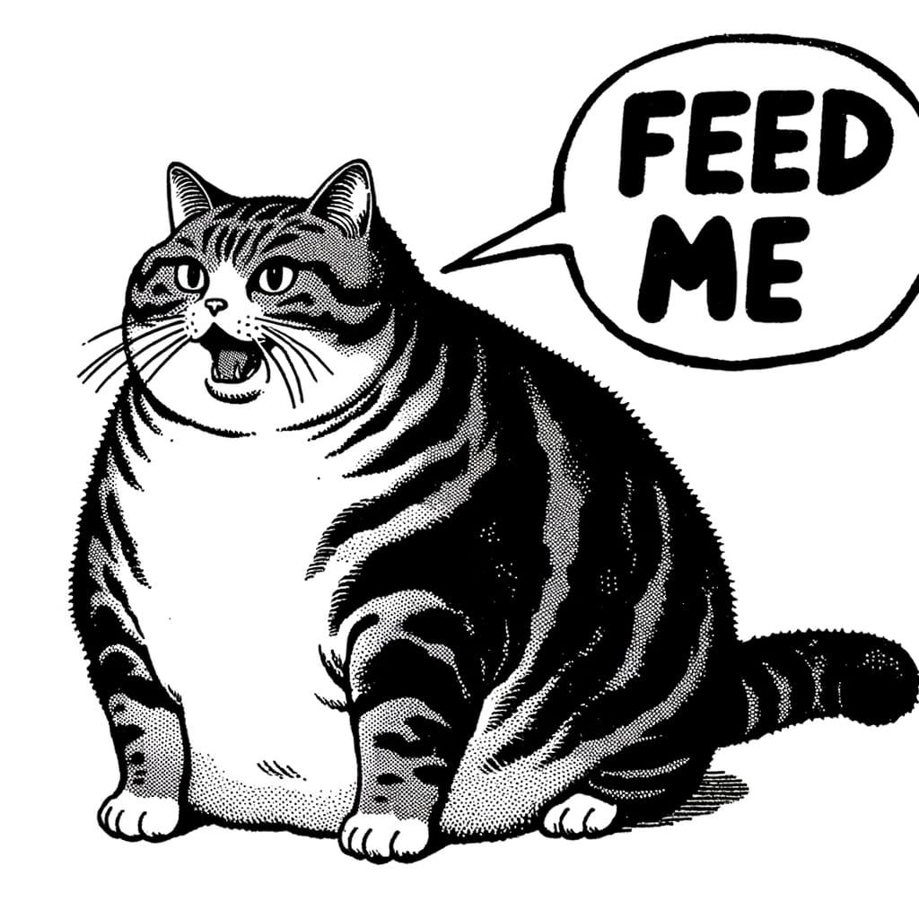 Chubby Cat Demands Food in Ukiyo-e Style