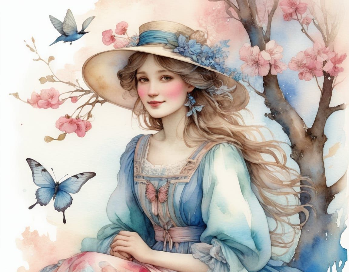 Smiling Girl in Cherry Tree, as Watercolor Painting