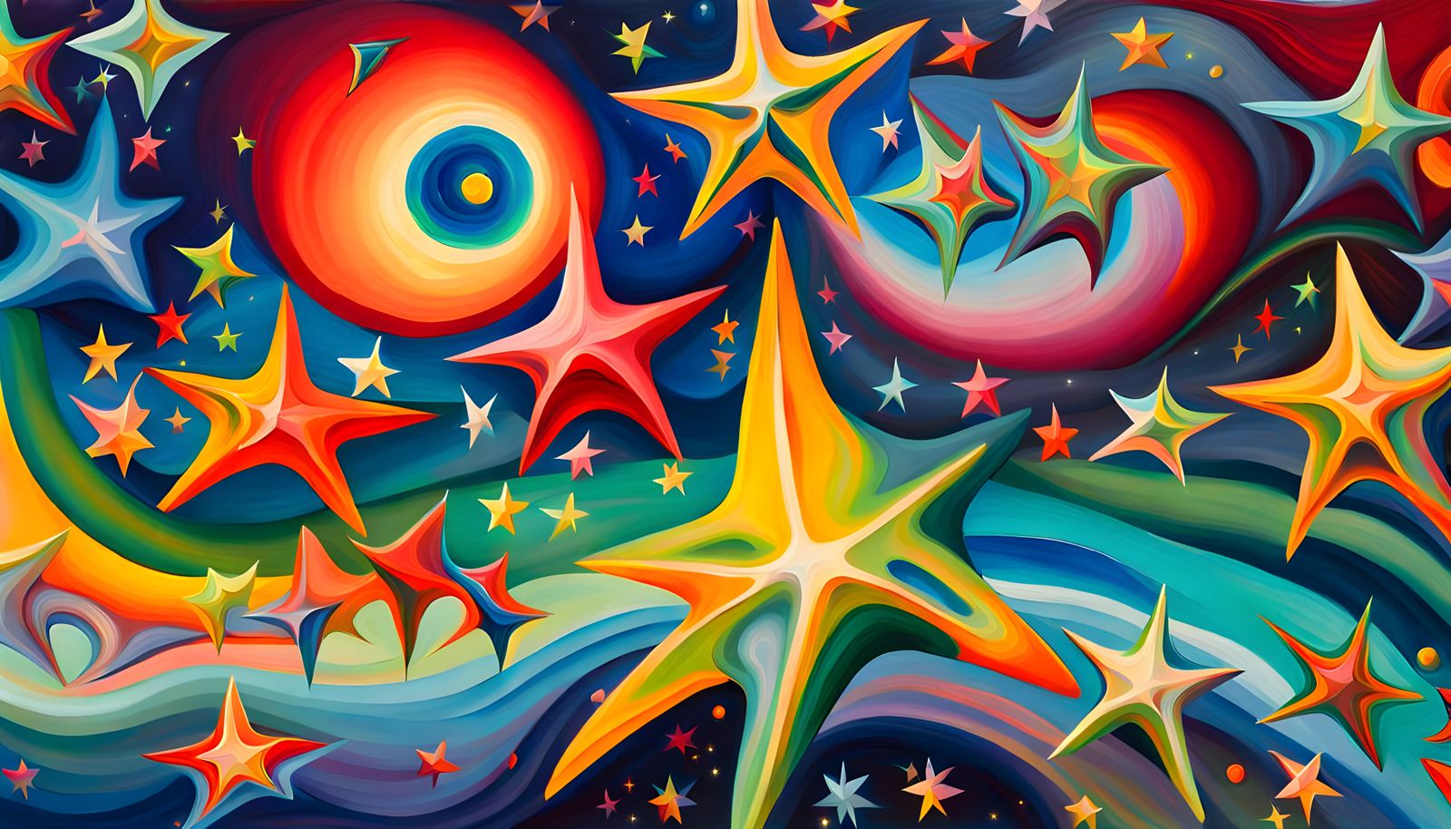 Iridescent Stars Dancing in Aboriginal Impasto Painting Styl...