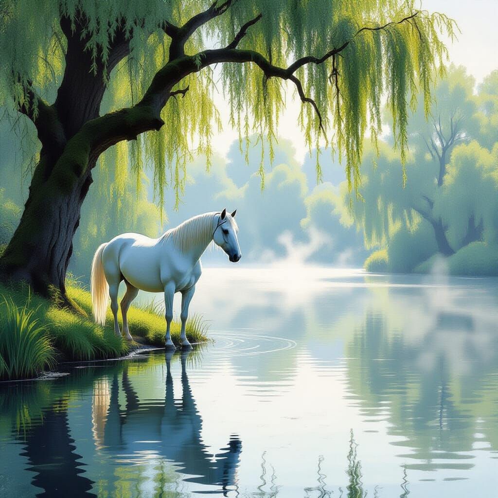 Majestic White Horse by Misty Lake, Impressionist Style