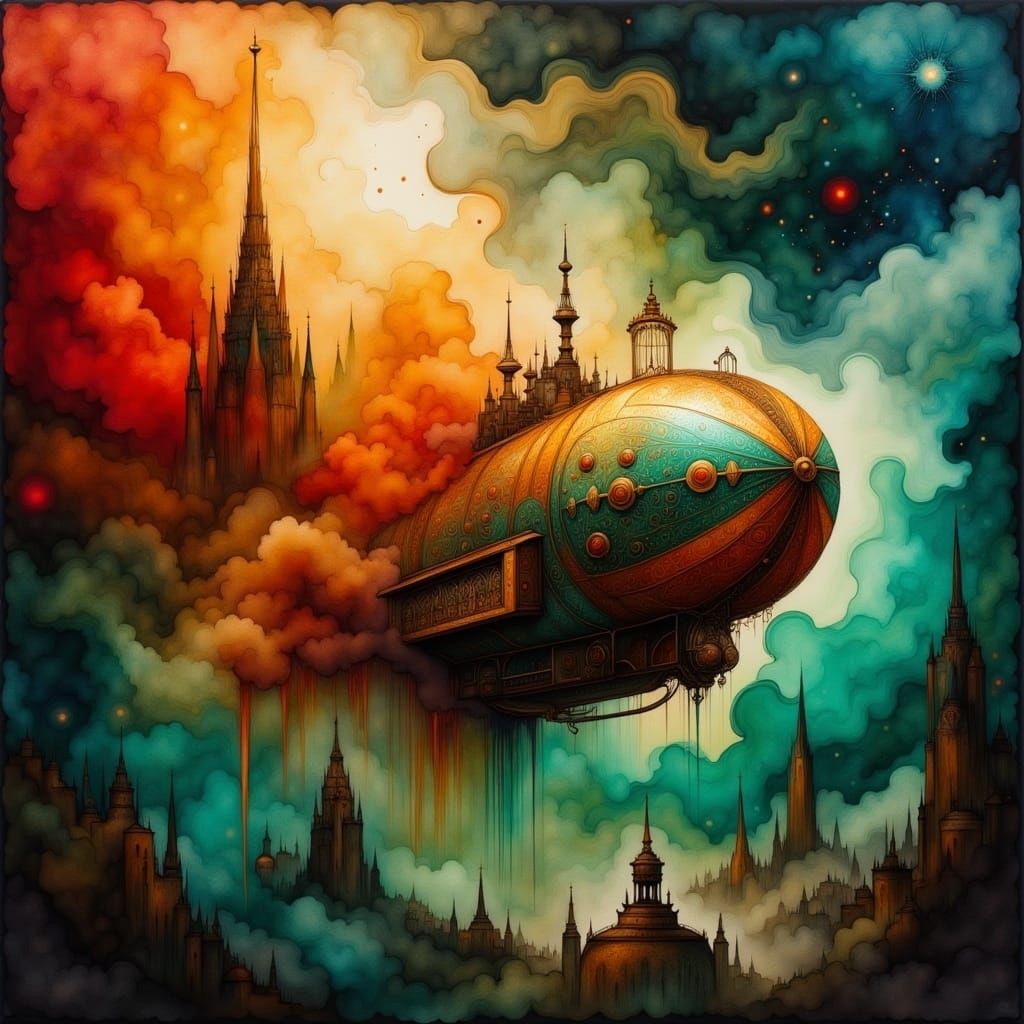 Steampunk Airship Bursts from Burning City as Impasto Painti...