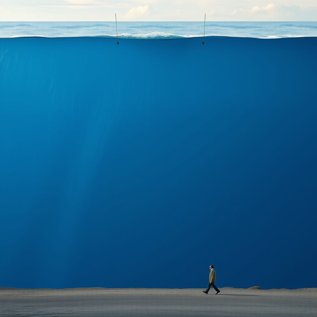Surreal Ocean Wall with Lone Walker
