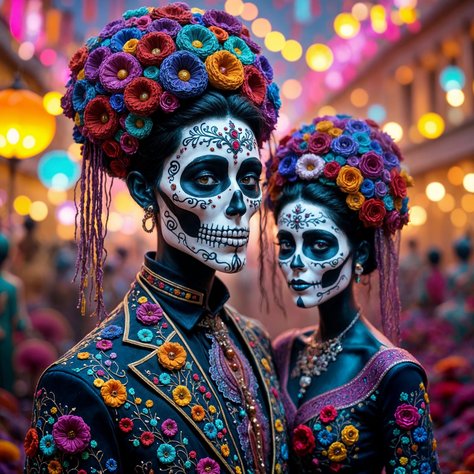 Day of the Dead Couple in a Neon Afterlife