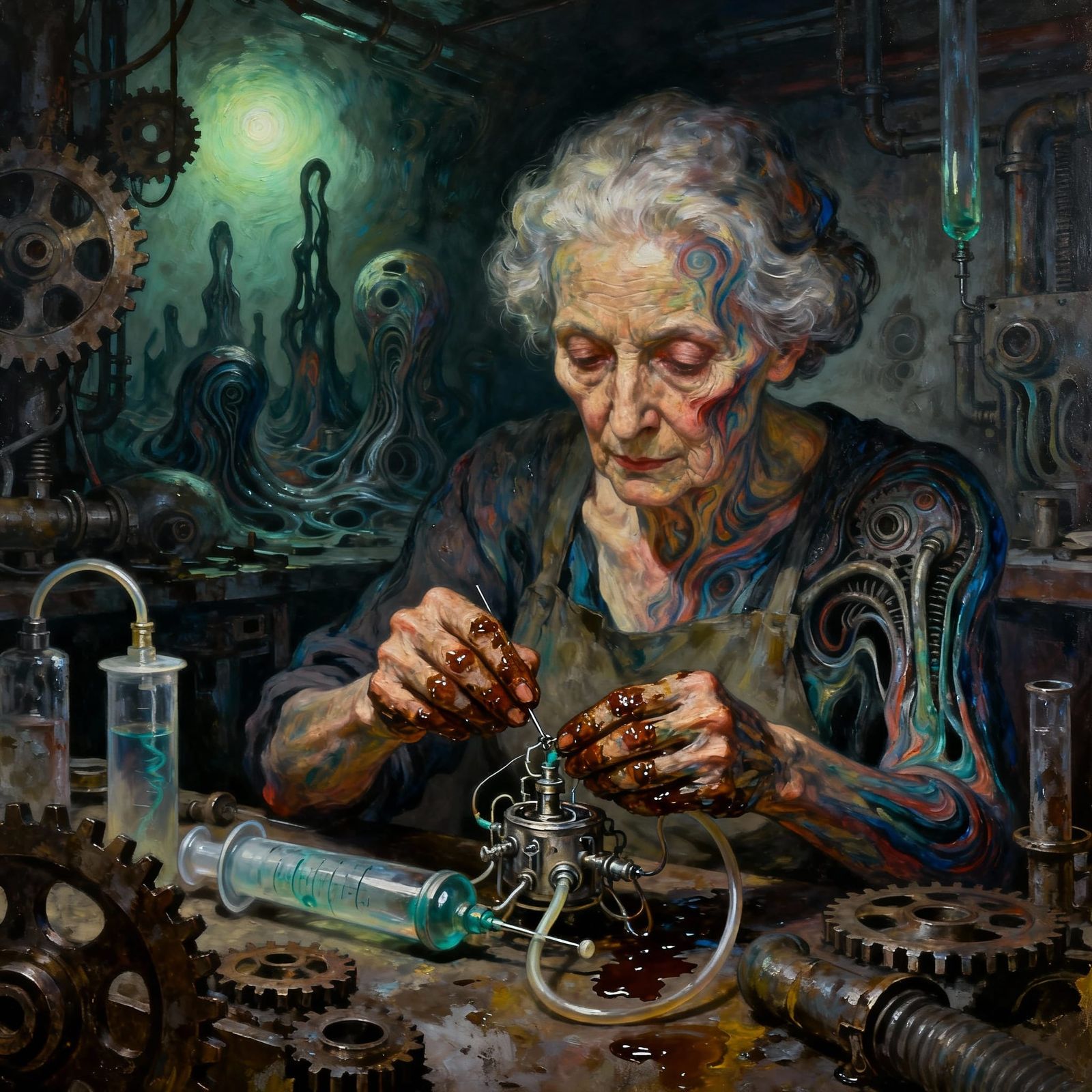 Surrealist Grandmother Assembles Medical Gear in Painterly S...