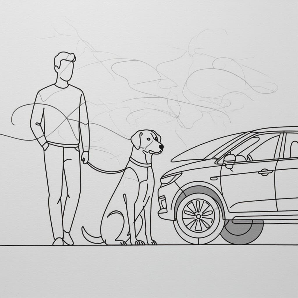 Minimalist Line Art: Man, Dog, and Car Composition