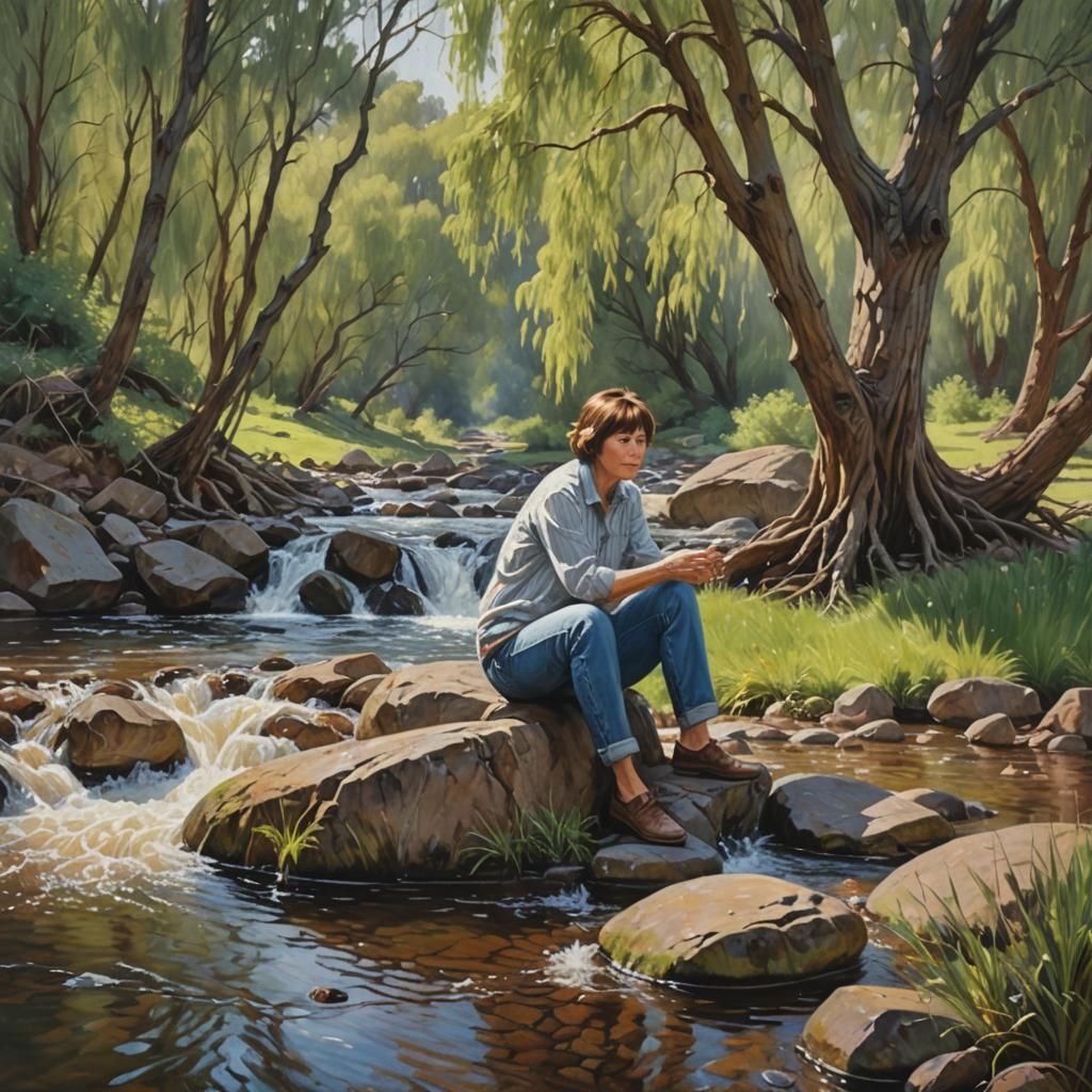 Woman Contemplates Stream in Oil Painting