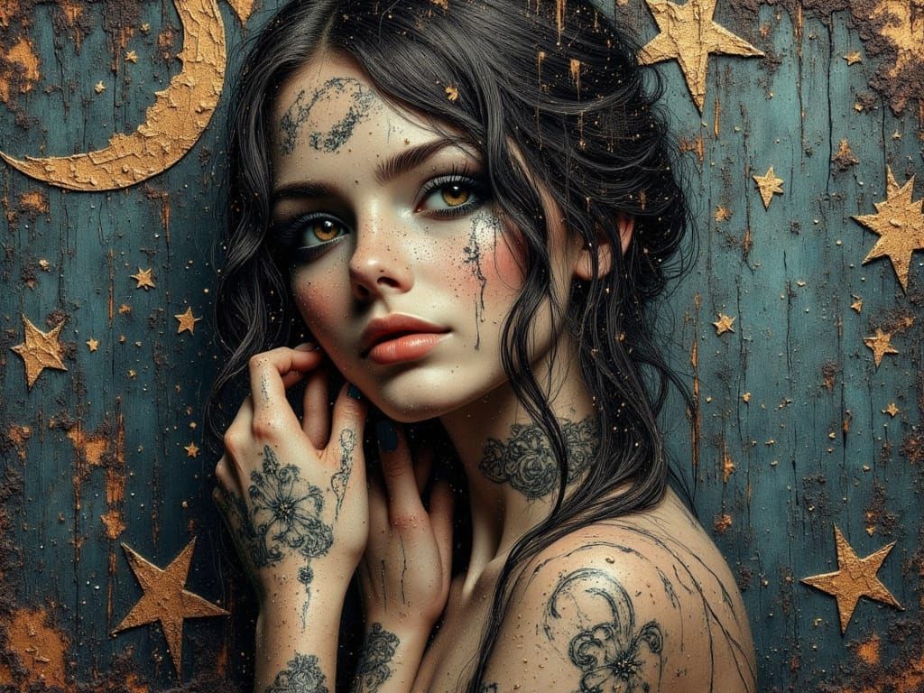 Wet Rusty Portrait With Moon and Stars Tattoos