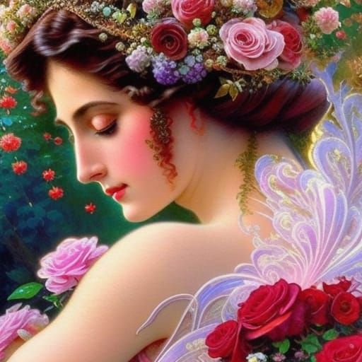 Red Rose Fairy Portrait in Art Nouveau Style