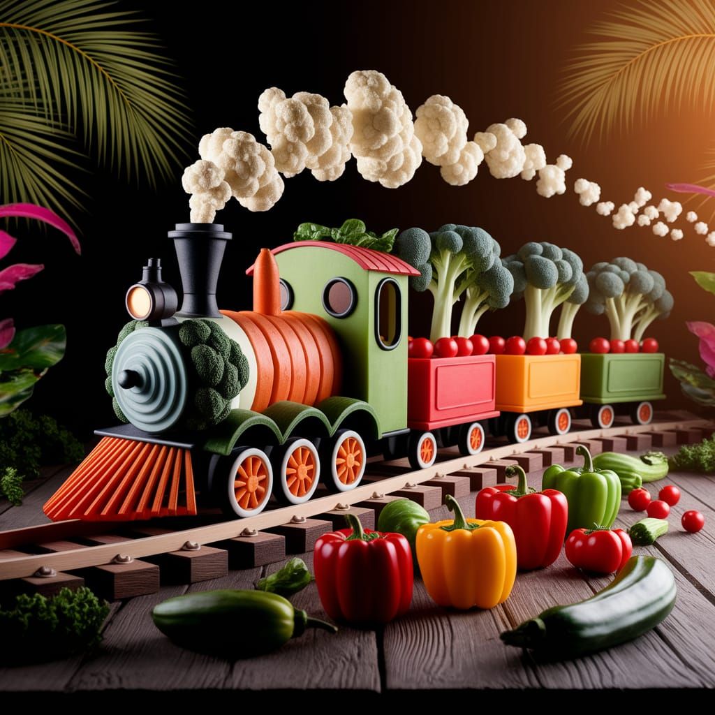 Vibrant Vegetable Train on Tropical Tracks