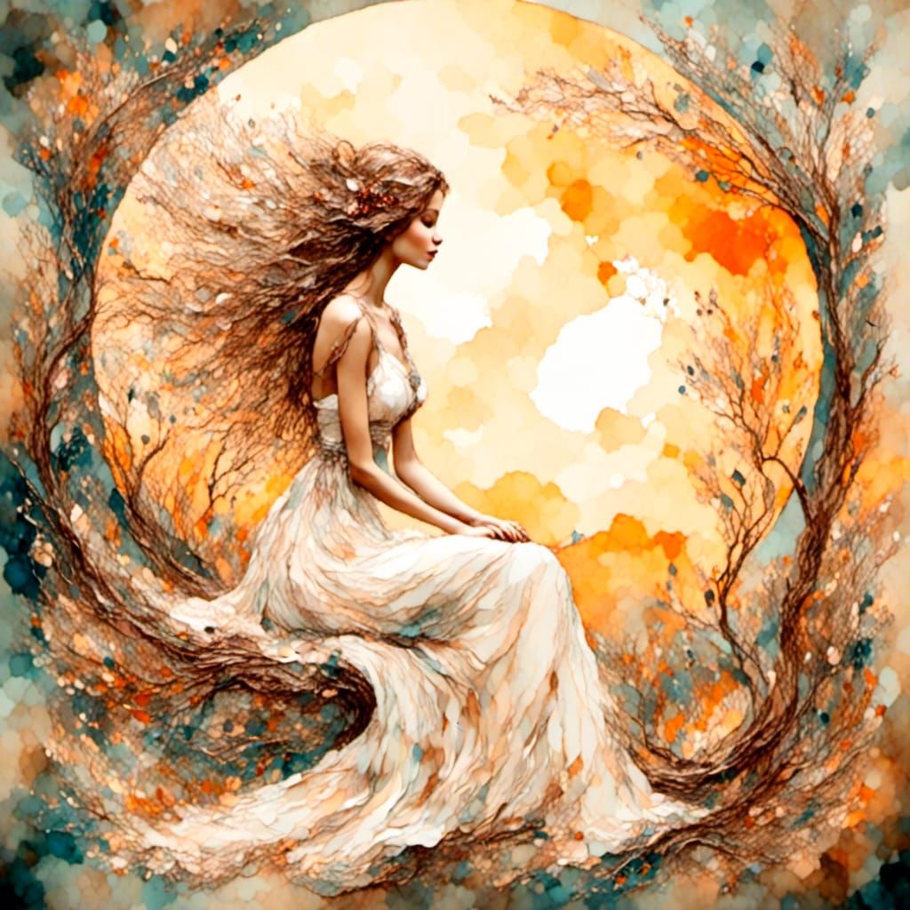 Exotic Woman in Enchanted Woods: Antique Watercolor and Oil ...