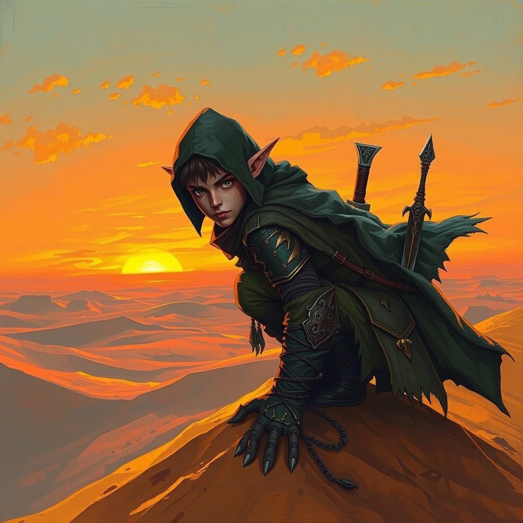 Dark Elf Thief in Desert Landscape, Fantasy Art