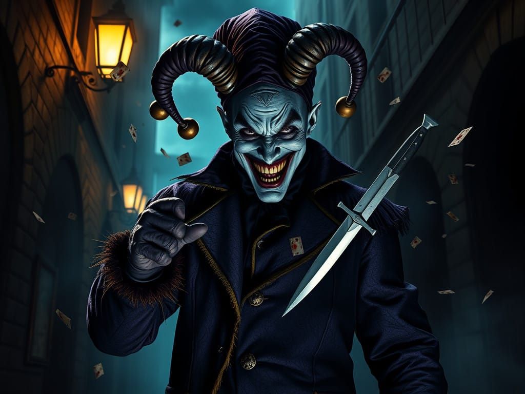 Dark Gothic Jester in Mysterious Alleyway