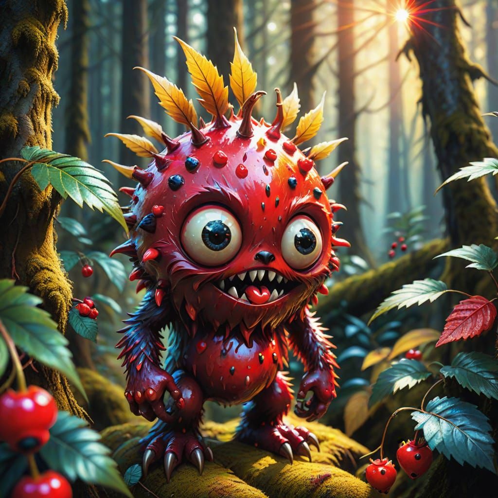 Mystical Red Berry Monster in Vibrant Oil Painting