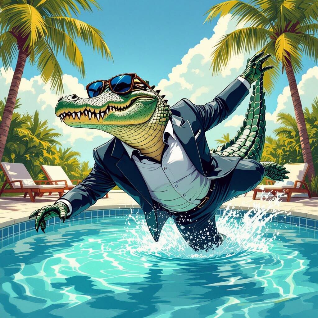 Crocodile's Poolside Flip in Comic Book Style
