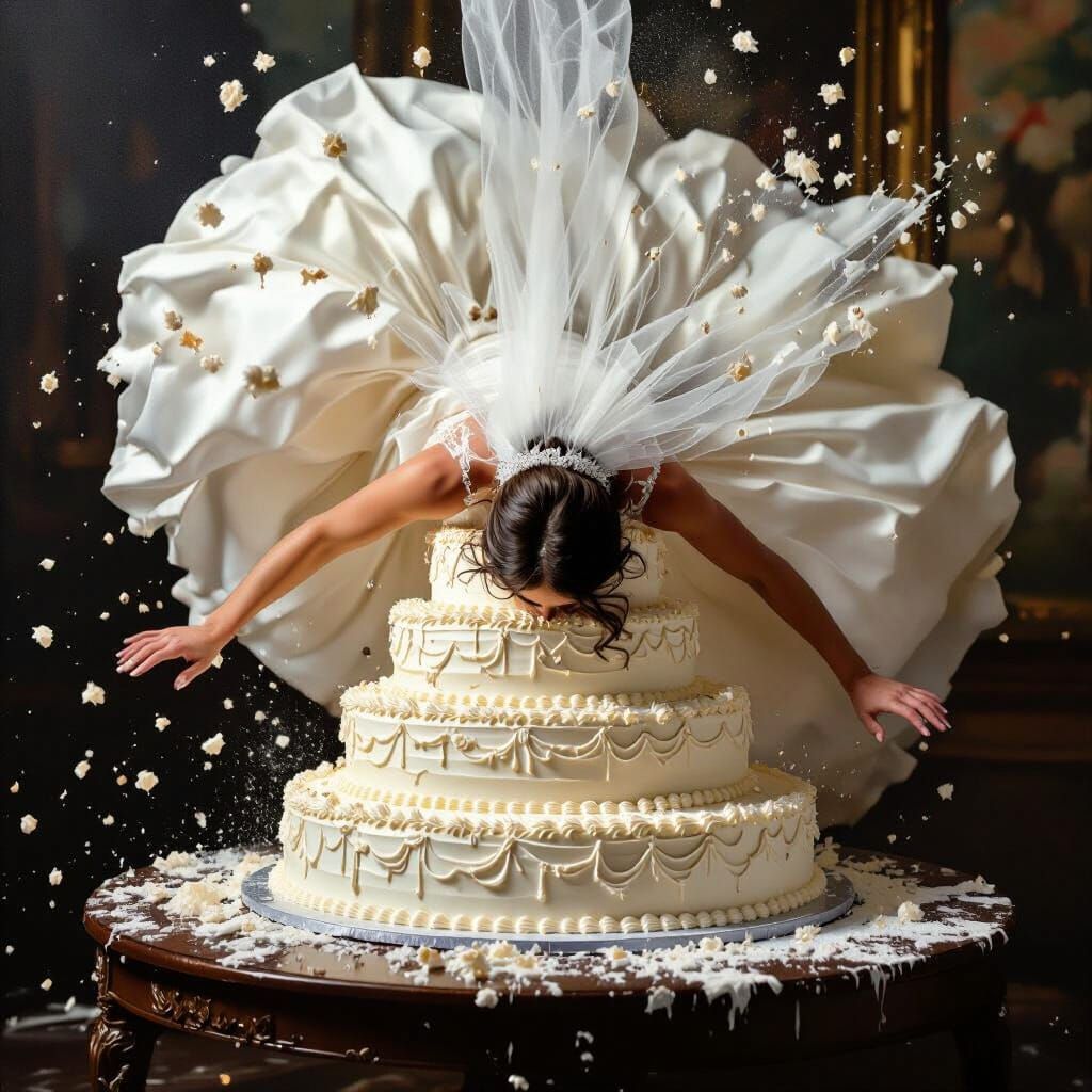 Bride Falls Into Wedding Cake in Dramatic Romanticism Style