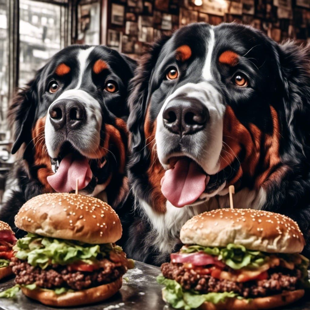 Bernese Mountain Dogs Visit Burger Shop, 1963