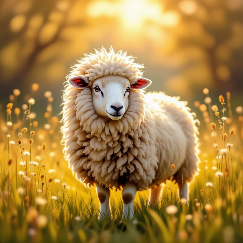 Fluffy Sheep With Lion's Mane in Sunlit Meadow