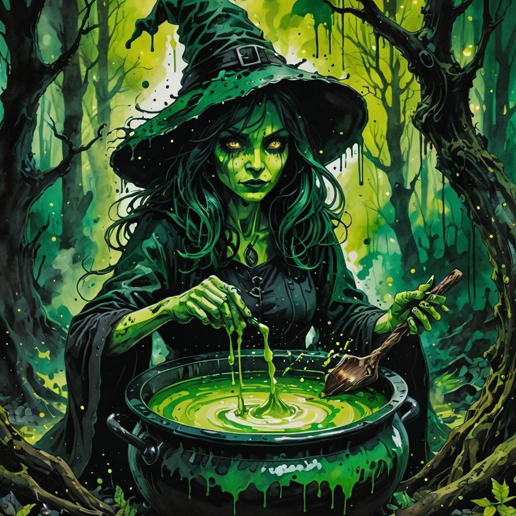 Witch Stirring Cauldron in Eerie Forest: Ink Splatter Art