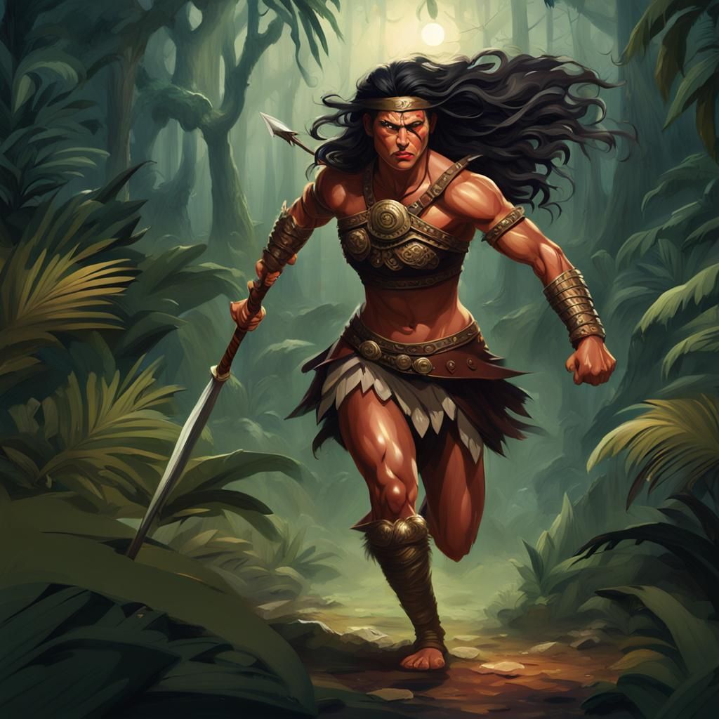 Cro-Magnon Woman Hunter in Jungle at Night