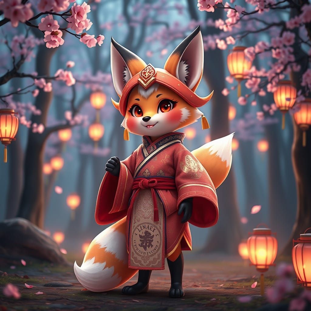 Japanese Fox Spirit in Traditional Crested Costume Amid Cher...