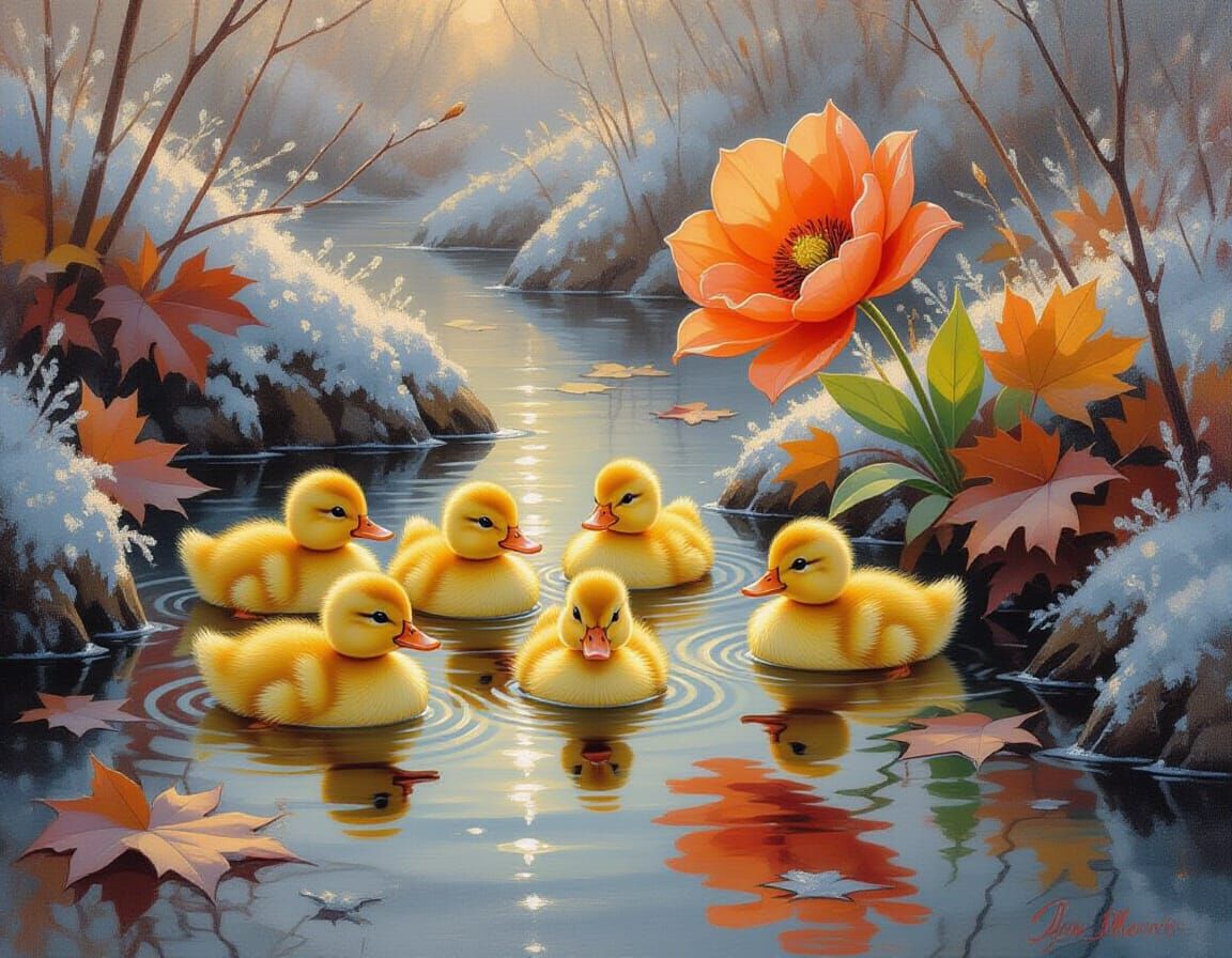 Cute Ducklings in Frosty Autumn Puddle Oil Painting