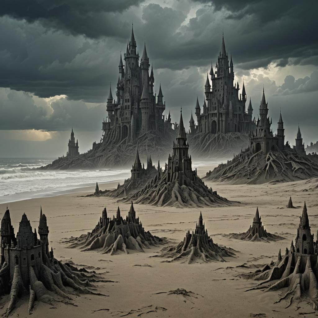 Haunted Beach Sandcastles in Approaching Storm