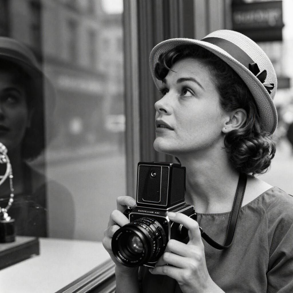 1950s Woman with Hasselblad Camera in NYC