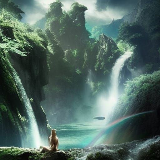 Waterfall Fairies in Epic Space Landscape