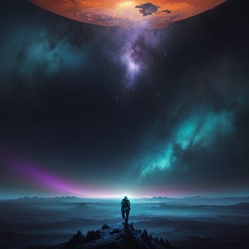 Astronaut on Alien Planet Gazing at Nebula