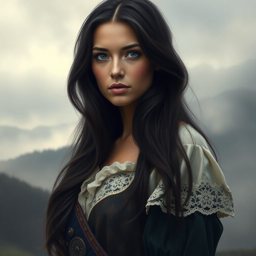 Scottish Woman in Misty Highlands, Romantic Realism Style