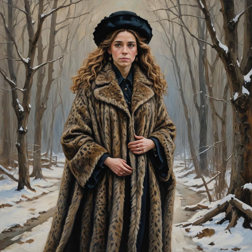 Hasidic Woman in Fur Coat: Oil Painting