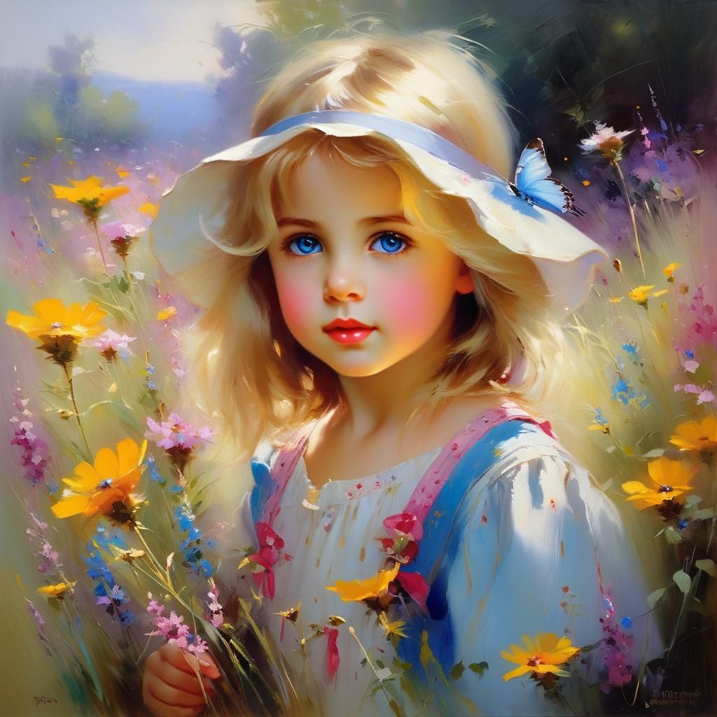 Girl with Blue Eyes in Wildflowers, Oil Painting