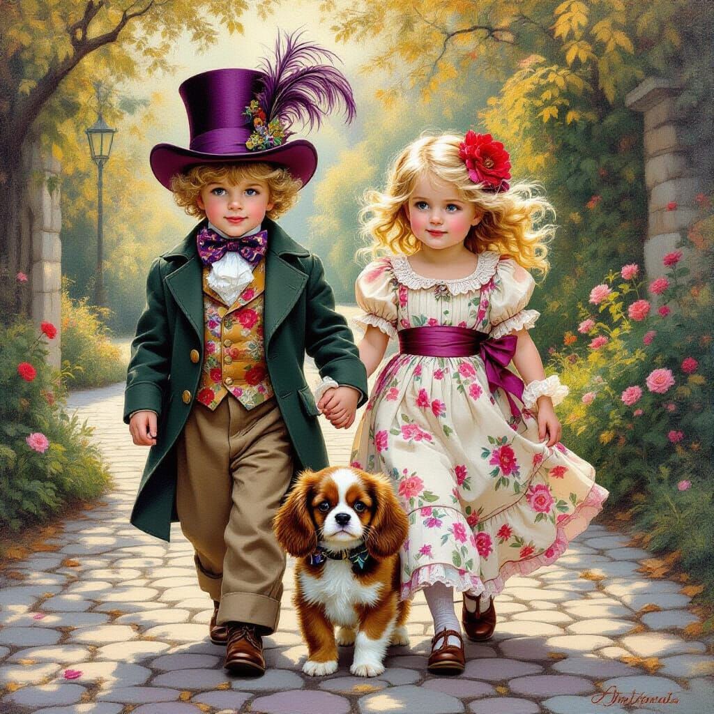 Children and Puppy Stroll in Dappled Light