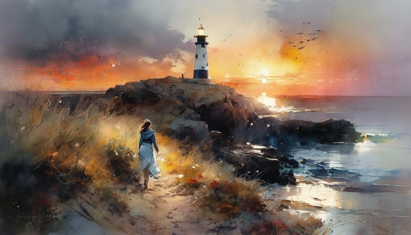 English Seaside Sunset Over Lighthouse in Watercolor Style