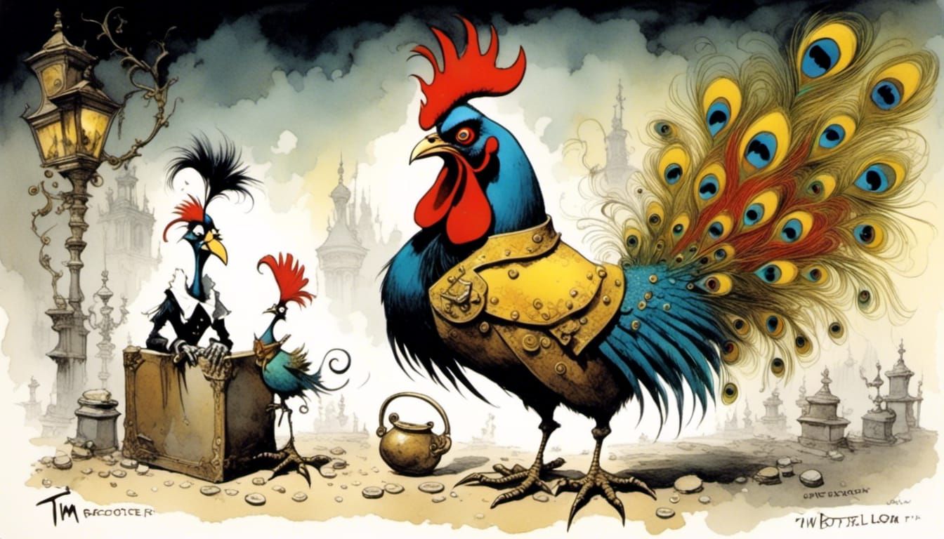 Rooster Boxer with Peacock Tail in Gris Grimly Style