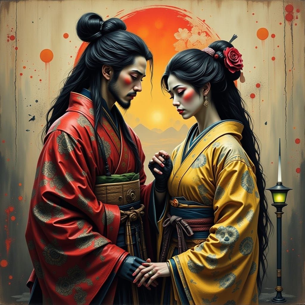 Sci-Fi Geisha and Samurai in Futuristic City