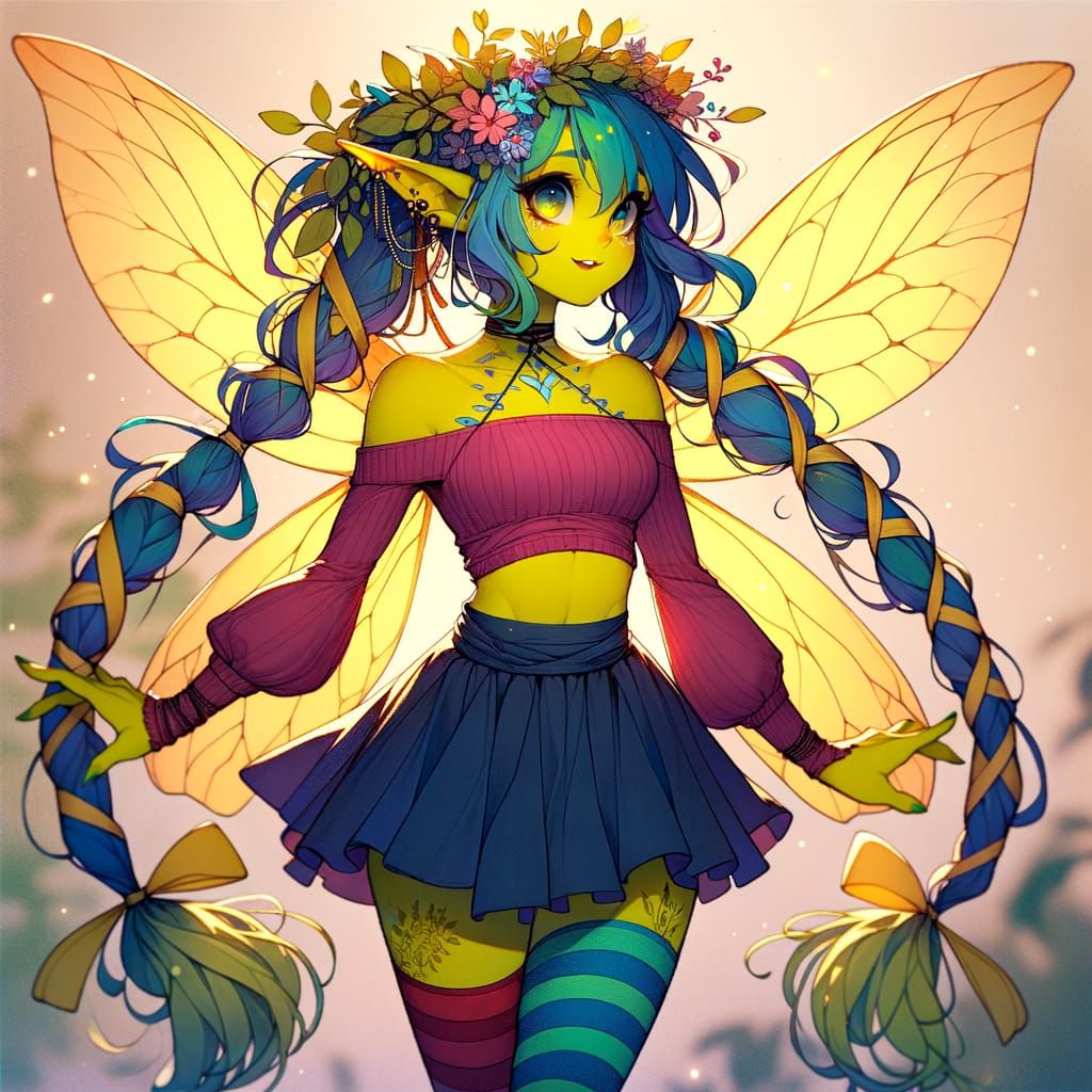 Friendly Cartoon Girl with Bright Yellow Skin and Blue Hair ...