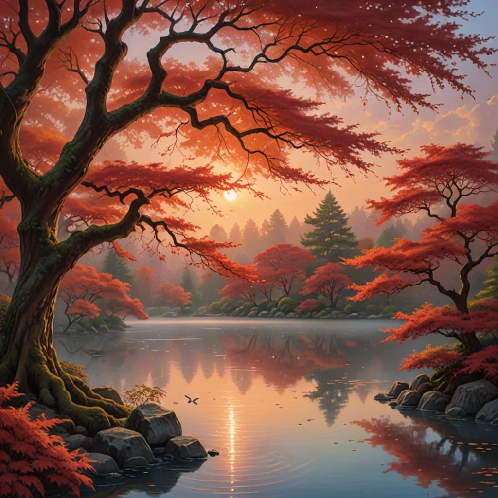 Fiery Sunset Over Serene Lake with Japanese Maple Trees
