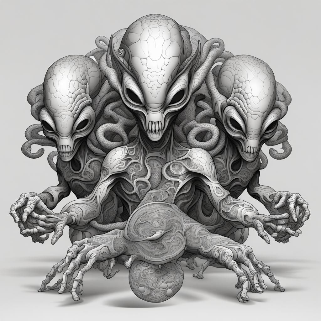 Three-Headed Alien Eating Chips in Abstract Style