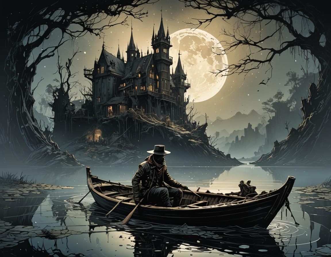 Silhouette on Dark Lake in Ornate Style