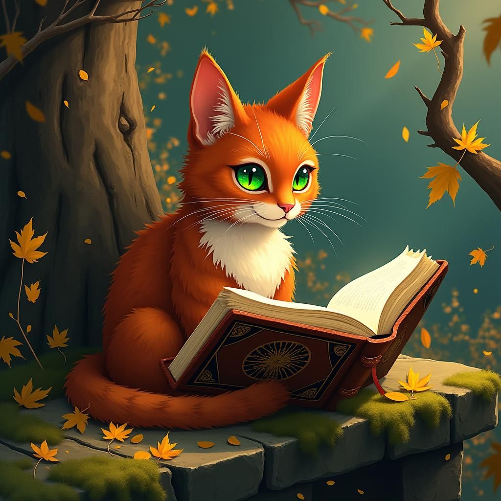 Red-Haired Cat Reading Book in Autumn Sunlight