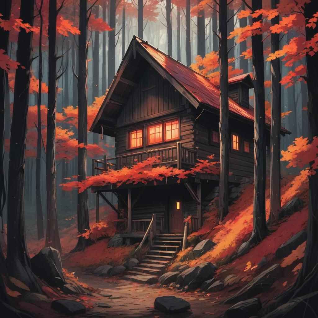 Eerie Cabin in Autumn Woods, Anime Style