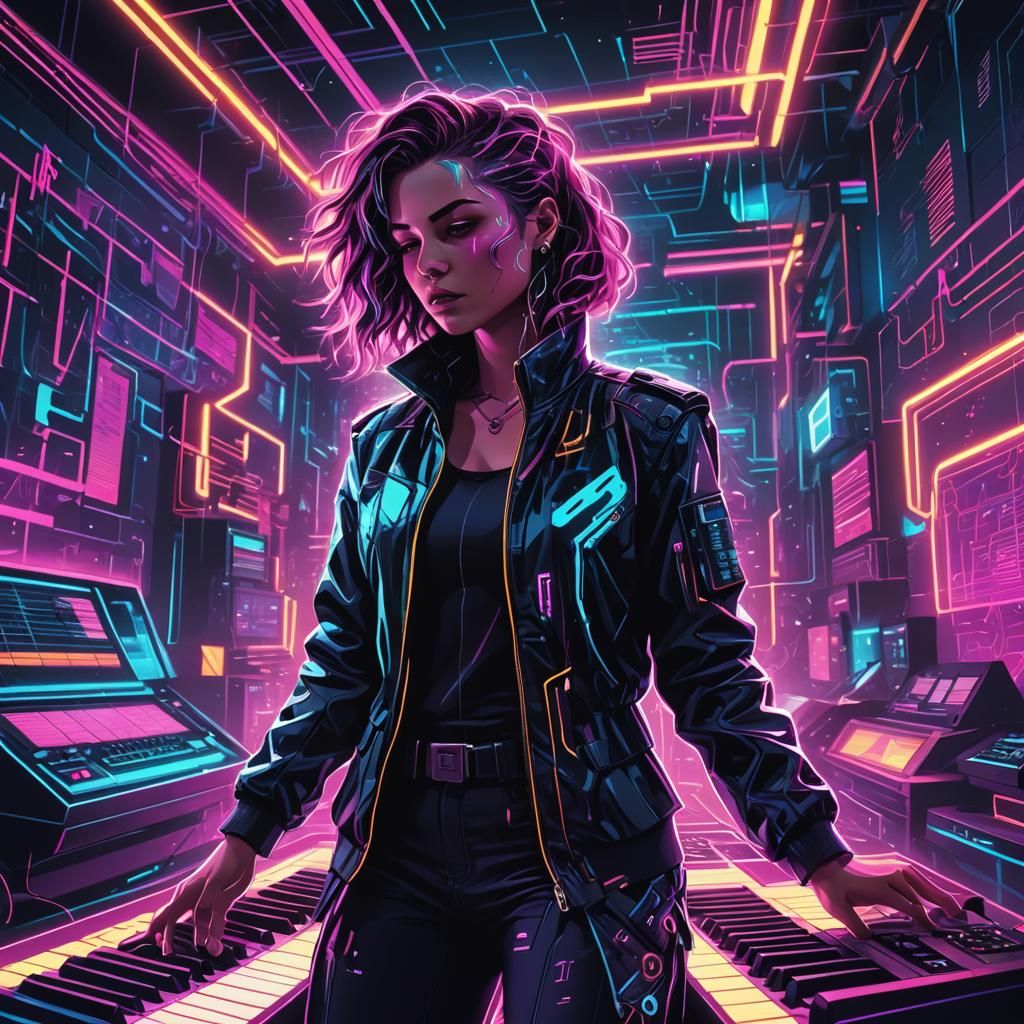 Cyberpunk Musician Surrounded by Holographic Instruments