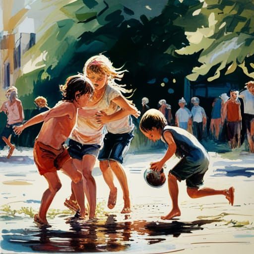 Children Playing in Street Water, Comic Book Art