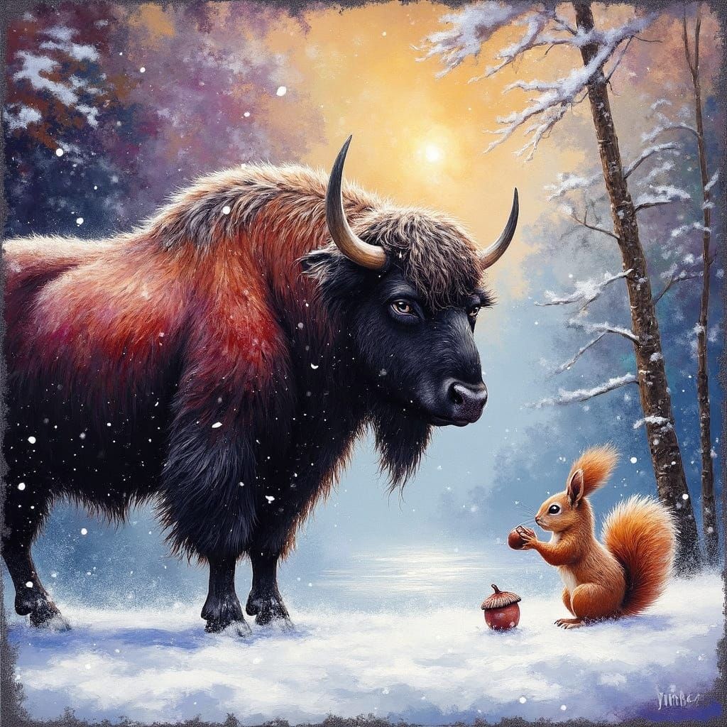 Surreal Yak Watches Baby Squirrel in Blizzard Landscape