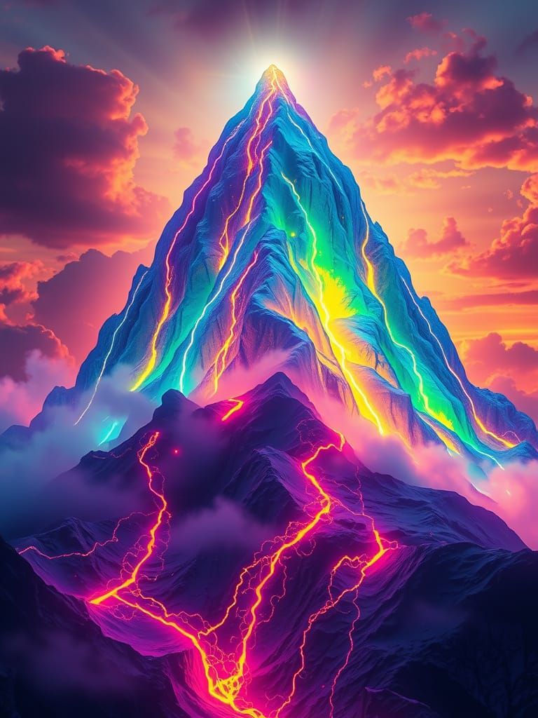 Hyper-Surreal Mountain in Neon, Runic Patterns and Glowing C...