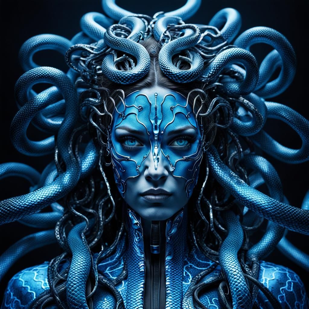 Futuristic Medusa with Chrome Snakes in Sci-Fi Style