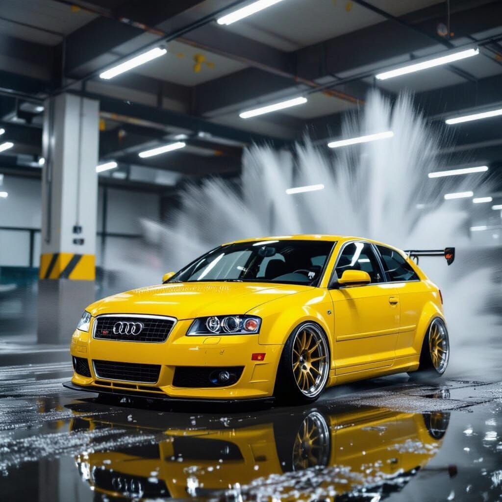 Yellow Audi A3 at Car Wash: Hyper-Realistic Detail
